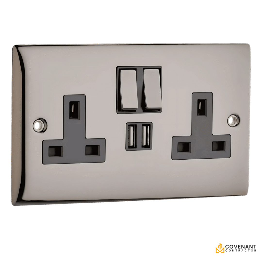 Double Plug Socket with 2 USB Ports - Black Nickel
